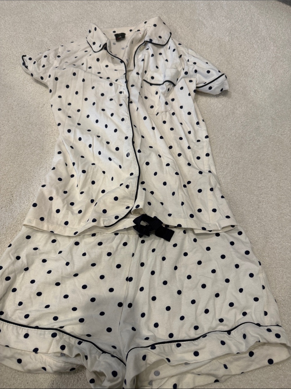 J Crew White and Navy Polka Dot Pajama Set - Short Sleeve Button Top & Shorts